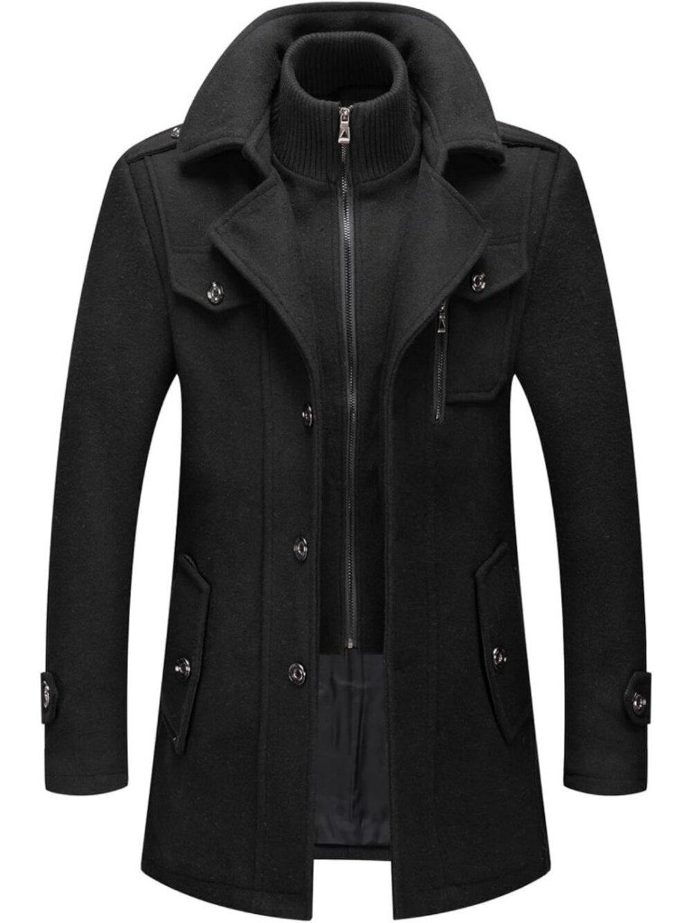 Stylish Men's Layered Collar Quilted Wool Blend Peacoat - Warm & Trendy
